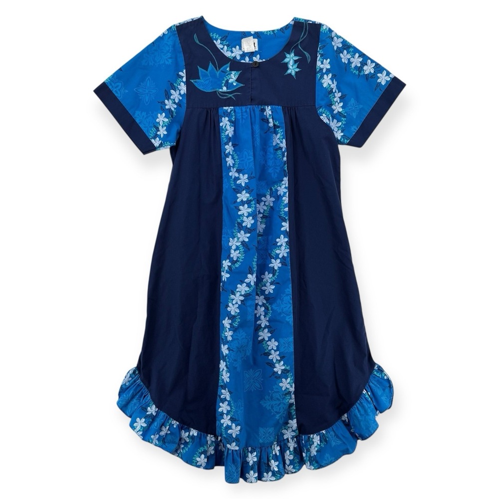 Vintage RM Muumuu Dress Womens Large Hawaiian Blue Floral Midi Ruffle Aloha USA